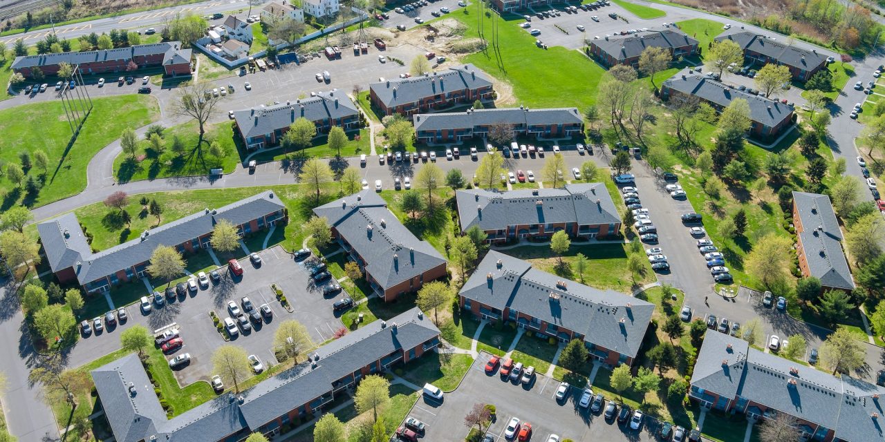 Top view apartments complex building urban lifestyle district landscape with small american town